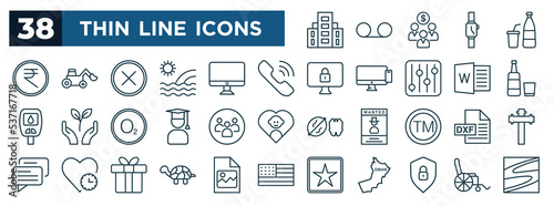 set of most common used web icons in outline style. thin line icons such as headquarter, indian rupee, caller, whisky, everyone, dxf, tortoise, security system vector