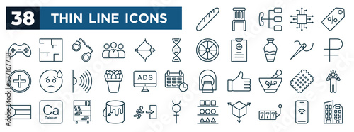 set of most common used web icons in outline style. thin line icons such as baguette, esport, adn, rub, advert, cracker, paint bucket, jackpot vector