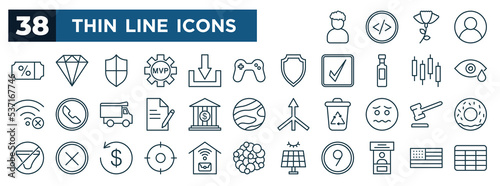 set of most common used web icons in outline style. thin line icons such as plaza, promo code, play game, tears, treasury, appeal, hunt, expo vector