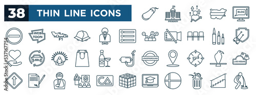set of most common used web icons in outline style. thin line icons such as eggplant, minus, menu white, clash of clans, liquor, raven, briefing, discard vector