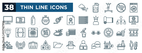 set of most common used web icons in outline style. thin line icons such as windy, computer screen, assurance, websites, pond, fastfood, alphabets, explanation vector