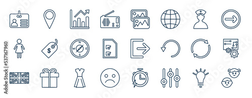 set of most common used web icons in outline style. thin line icons such as badge, radio, nurse, tag, export, hine, fashion, control vector.