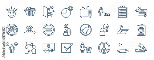 set of most common used web icons in outline style. thin line icons such as pain, day, check list, agile, wolf, passport, income, peace vector.