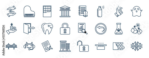 set of most common used web icons in outline style. thin line icons such as donation, college, simple, log out, results, ice, approved, input vector.