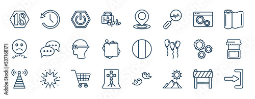 set of most common used web icons in outline style. thin line icons such as 18, first aid, applications, live chat, french, stand, trolley, egypt vector.