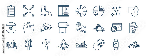set of most common used web icons in outline style. thin line icons such as listing, clo, twinkle, picnic, late, outcome, advisor, transition vector.