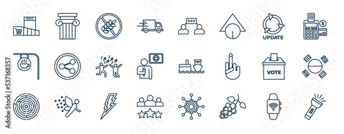 set of most common used web icons in outline style. thin line icons such as shopping mall, delivery van, updates, shared, dock, south korea, lightning bolt, grapes vector.