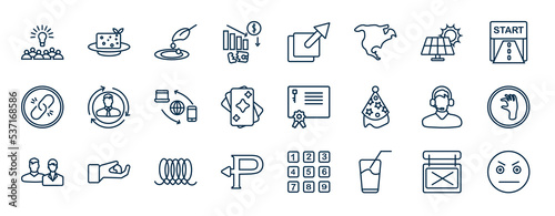 set of most common used web icons in outline style. thin line icons such as group work, bankrupt, solar power, personalized, leasing, pinch, induction, water glass vector.