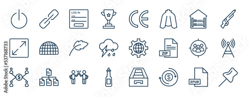 set of most common used web icons in outline style. thin line icons such as on off button, trophy cup, dormitory, dome, web services, transmit, cheer up, liquidity vector.