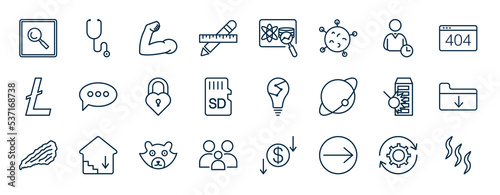 set of most common used web icons in outline style. thin line icons such as search button, measures, working hours, speech bubbles, intellectual property, download folder, raccoon, arrrow vector.