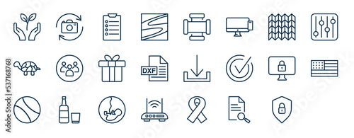 set of most common used web icons in outline style. thin line icons such as conservation, svn, screens, tortoise, dxf, ransomware, whisky, hiv vector.