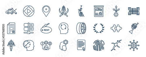 set of most common used web icons in outline style. thin line icons such as car repair, harvest, changes, network server, tyre, et, interests, finger print vector.
