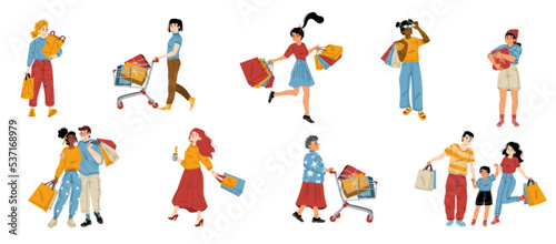 People shopping flat set isolated on white background. Vector illustration of young men, women, couple, senior lady, family with kid carrying bags with purchases, gift boxes. Mall customers having fun