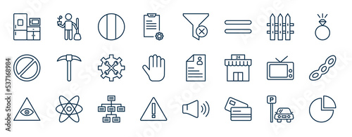 set of most common used web icons in outline style. thin line icons such as pantry, work order, boundary, pickaxe, job application, soy, schema, card payment vector.