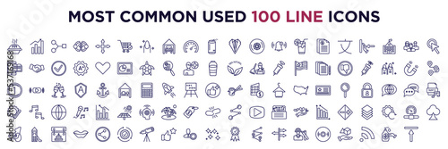 set of most common used 100 web icons in outline style. thin line icons such as pie, checkout, suit, ebook, natural, number 1, customize, club, shine, hand sanitizer vector.