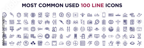 set of most common used 100 web icons in outline style. thin line icons such as mobile marketing, business report, country flag, footsteps, professionals, recognize, insurance policy, ampoule,