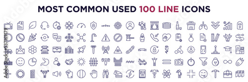 set of most common used 100 web icons in outline style. thin line icons such as tv channel, service provider, unisex avatar, white circle, toll, car parking, white house, door lock, renewable,
