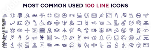 set of most common used 100 web icons in outline style. thin line icons such as neighbor, restaurants, csv file, gay sex, laptop computer, stages, cell tower, dizzy, research and development, woman