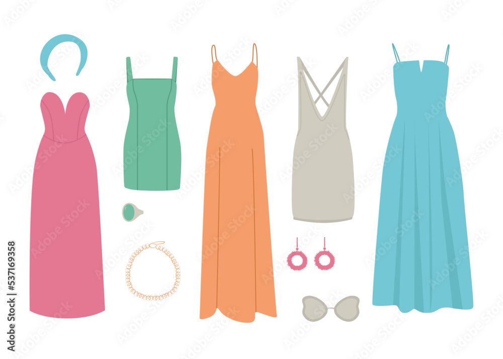 Elegant women's dresses and accessories. Vector set. Color icons. Isolated objects Elegant women's dresses and accessories. Vector set. Color icons. Isolated objects