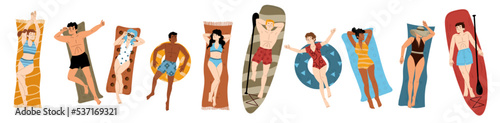 Set of young people sunbathing isolated on white background. Flat vector illustration of relaxed men and women lying on beach towel and surfboard, getting suntanned, enjoying summer vacation rest