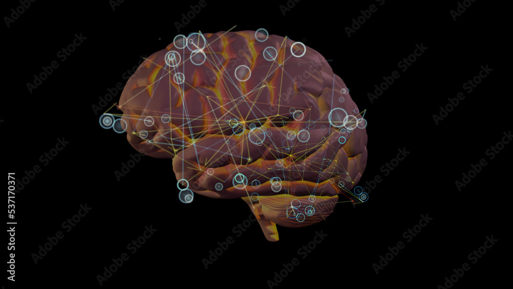 Neuroplasticity. Rewiring brain. Network of connected lines, dots around human brain. 3d render illustration Neuroplasticity. Rewiring brain. Network of connected lines, dots around human brain. 3d render illustration