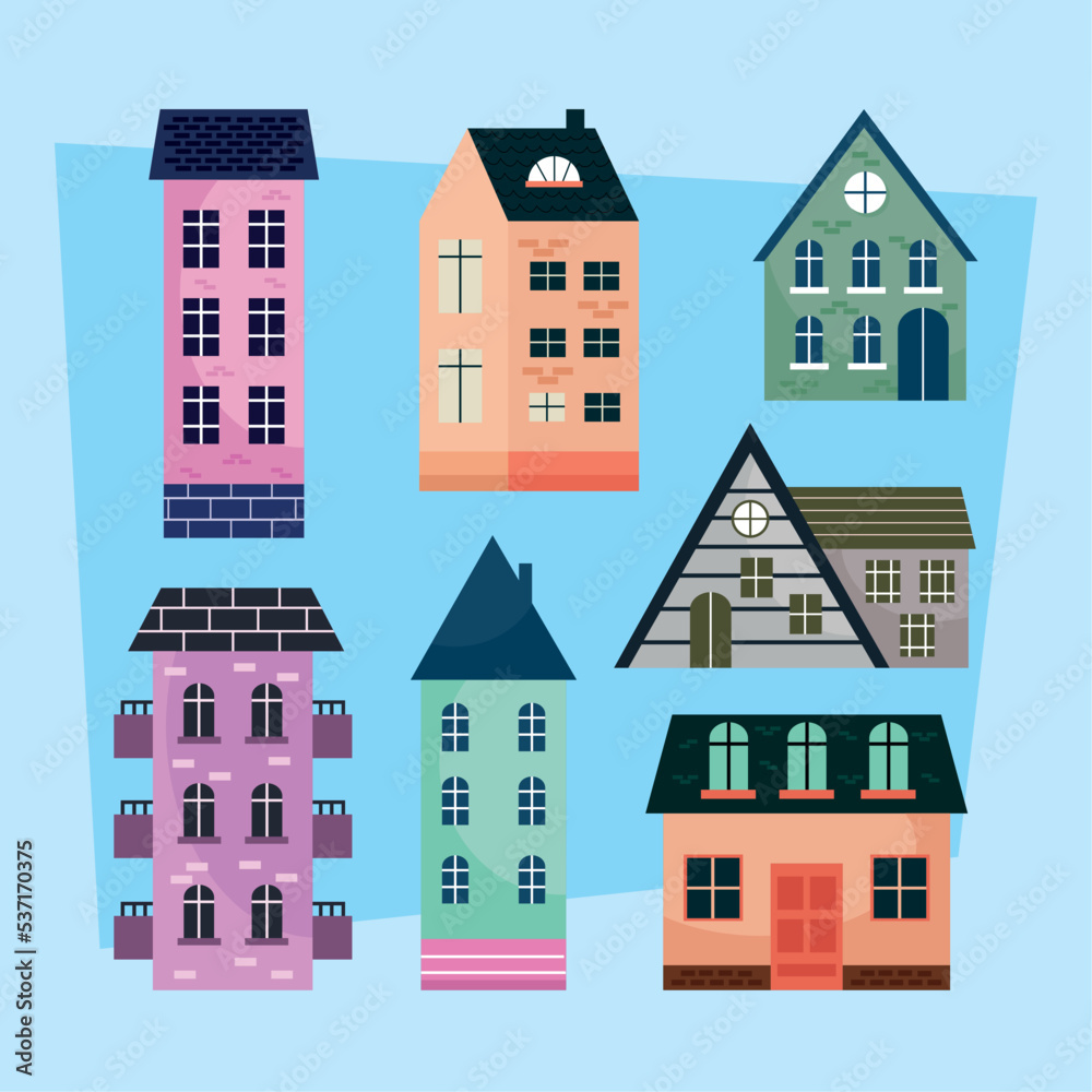 seven houses facades icons