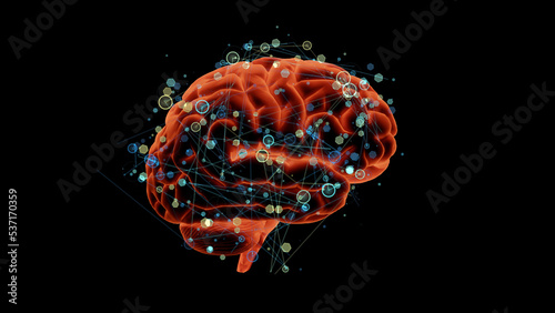 Neuroplasticity. Rewiring brain. Network of connected lines, dots around human brain. 3d render illustration