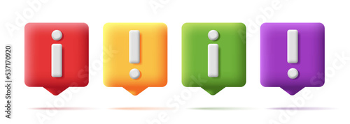 Set of 3d square digital icons with info and warning notification sign in different colors