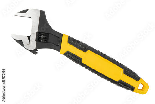 Adjustable wrench isolated in white background. New steel adjustable wrench isolated.