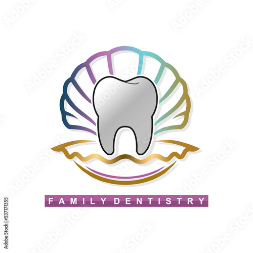 Aesthetic dentistry. Tooth or veneer inside the pearl shell. Dental icon. Web pictogram for dentistry. Stomatology concept, logo or illustration. Line style.
