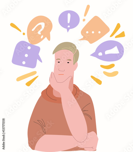 Puzzled man looking for problem solution. Thoughtful man. Young man thinking or solving problem, surrounded by thought bubbles, question marks. Flat cartoon vector illustration.