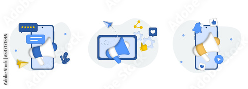 Social media marketing set. Social networks promotion, digital promo campaign, web analytics, SMM strategy, chatbot, video broadcast, stories. Like comment share giveaway. 3D web vector illustration.