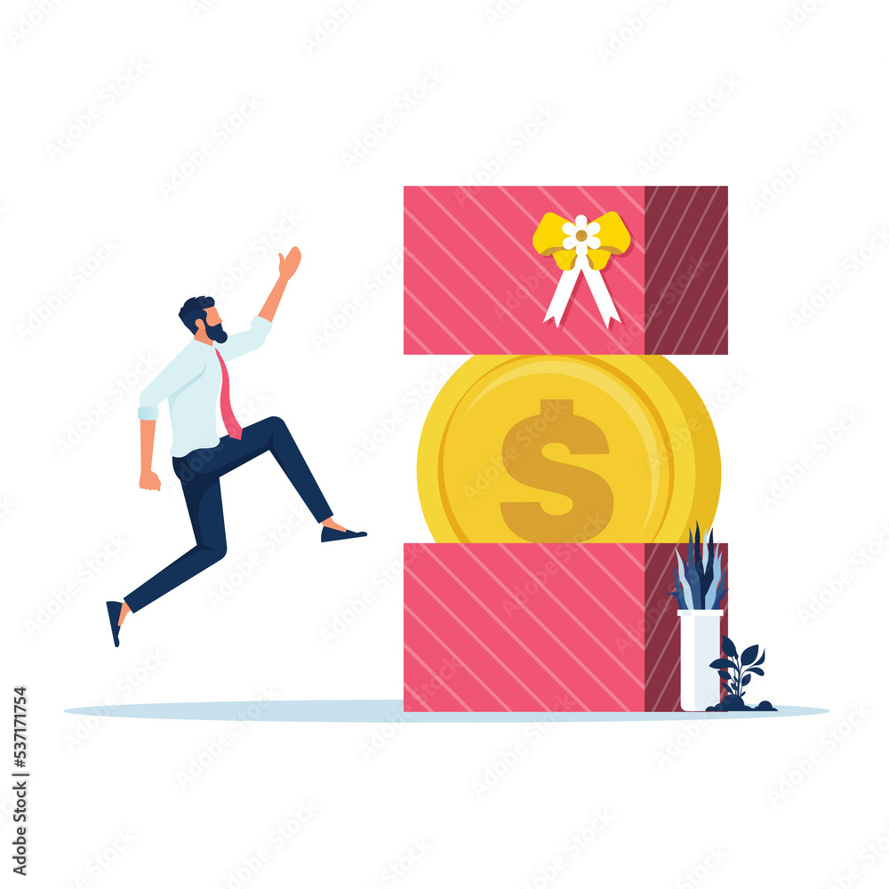 Gift box with money bonus concept, Big hand give bonus money in gift box to businessman Gift box with money bonus concept, Big hand give bonus money in gift box to businessman