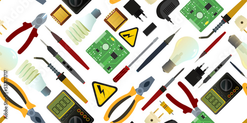 Tools for electrician. Repair of radio electronic and microprocessor equipment. Spare parts components and service. Isolated on white background. Seamless pattern. Vector