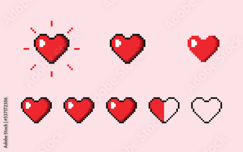 Pixel heart set icon in retro style. Vintage love symbol, 8-bit vector illustration for computer games. Web button and many more. 