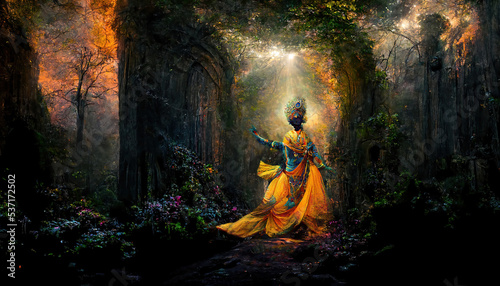 AI generated or 3D illustrated image of Hindu God Lord Krishna's raas leela in Vrindavan garden, India  photo