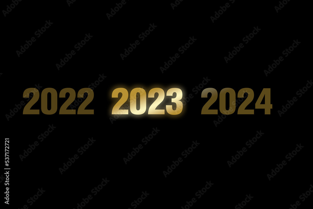 Fototapeta premium Jahreszahl 2023 in goldener Schrift mit den Jahren 2022 und 2024