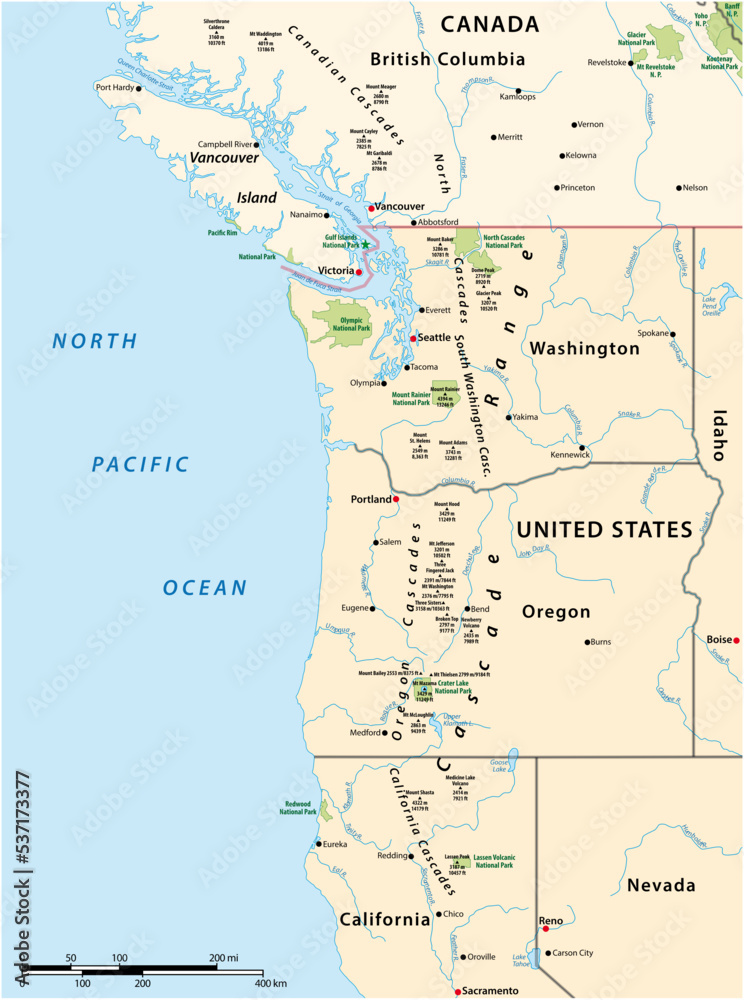 Map of the Cascade Range, volcanic mountain range that runs parallel to the west coast of North America