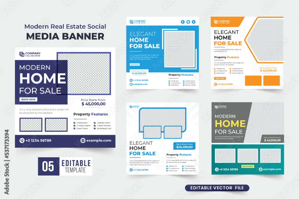 Real estate business social media post set vector with purple and blue colors. Home selling service web banner collection for online marketing. Modern house property sale template bundle design.