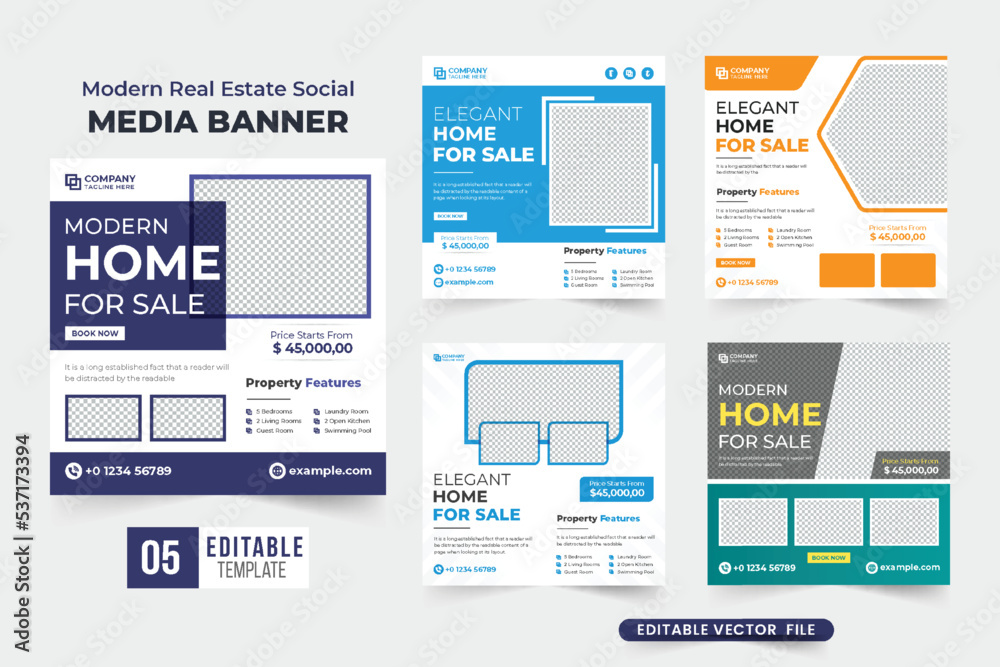 Naklejka premium Real estate business social media post set vector with purple and blue colors. Home selling service web banner collection for online marketing. Modern house property sale template bundle design.