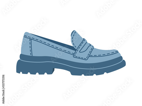Blue woman loafers. Stylish comfortable casual footwear. Hand drawn vector illustration isolated on white background. Modern flat cartoon style.