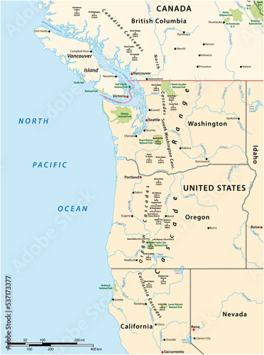 Map of the Cascade Range, volcanic mountain range that runs parallel to the west coast of North America