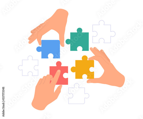 Human hands connect puzzle pieces. Partnership and teamwork concept. Business team finding solution. Flat vector illustration isolated on white background.