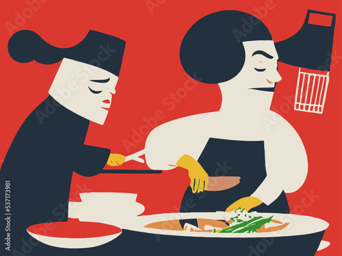 Digital vector illustration of a chef cooking a meal with his assistant in a restaurant kitchen