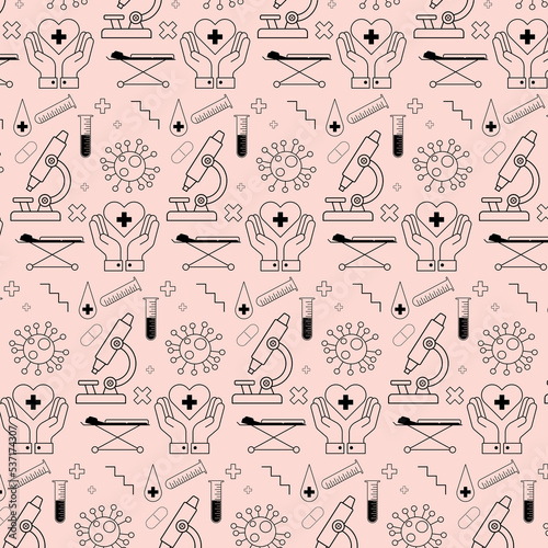 medical pattern with pills crosses test tubes virus microscope gurney hands with heart