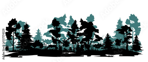 Swampy edge of forest. Coniferous forest with firs and pines. Landscape with trees and grass. Silhouette picture. Isolated on white background. Vector.