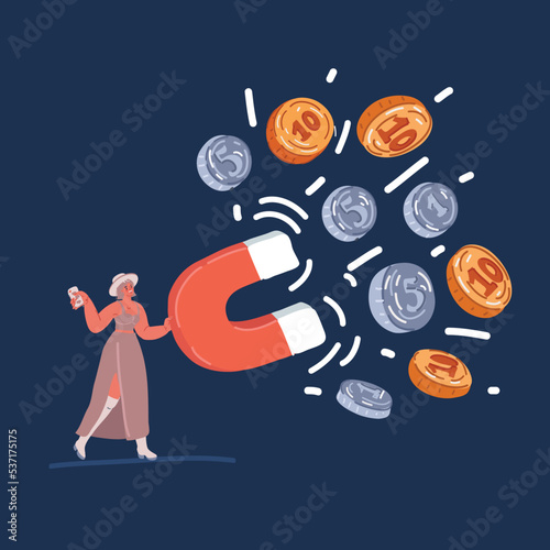 Cartoon vector illustration of Business woman holding a big magnet and attracting money. Investment attraction concept.