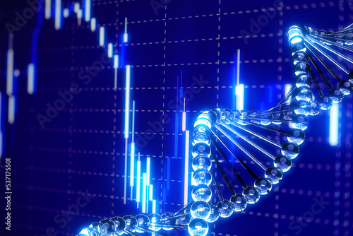 Multi Exposure of science molecular DNA ring model structure and candle stick graph chart under blue background. Concept 3D CG of medical business, healthcare strategy and healthcare financing.