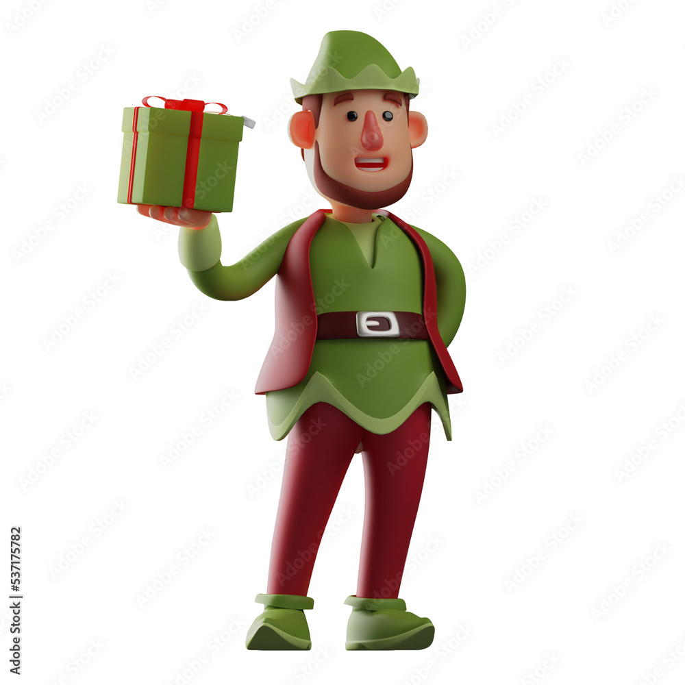 3D illustration. 3D Cartoon Elf Character has a gift box. walking with a smile wearing a conical hat. 3D Cartoon Character
