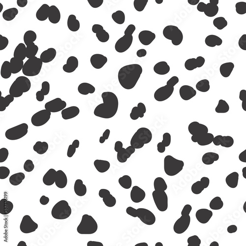 Dalmatian seamless pattern. Animal skin print. Dog and cow black dots on white background. Vector